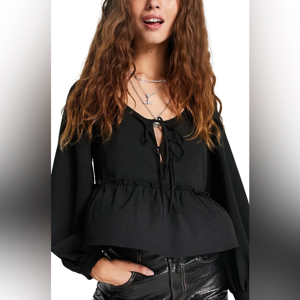 TopShop Textured Tie Front Peplum Top